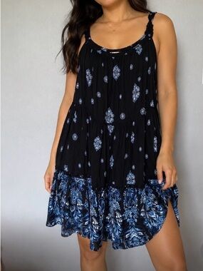 Intimately Free People Black/Blue Printed Sleeveless Mini Dress ruffle cottage L